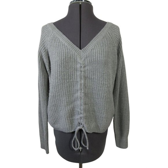 Full Circle Trends women's gray ruched cinch front v-neck knit sweater, M - Picture 2 of 11